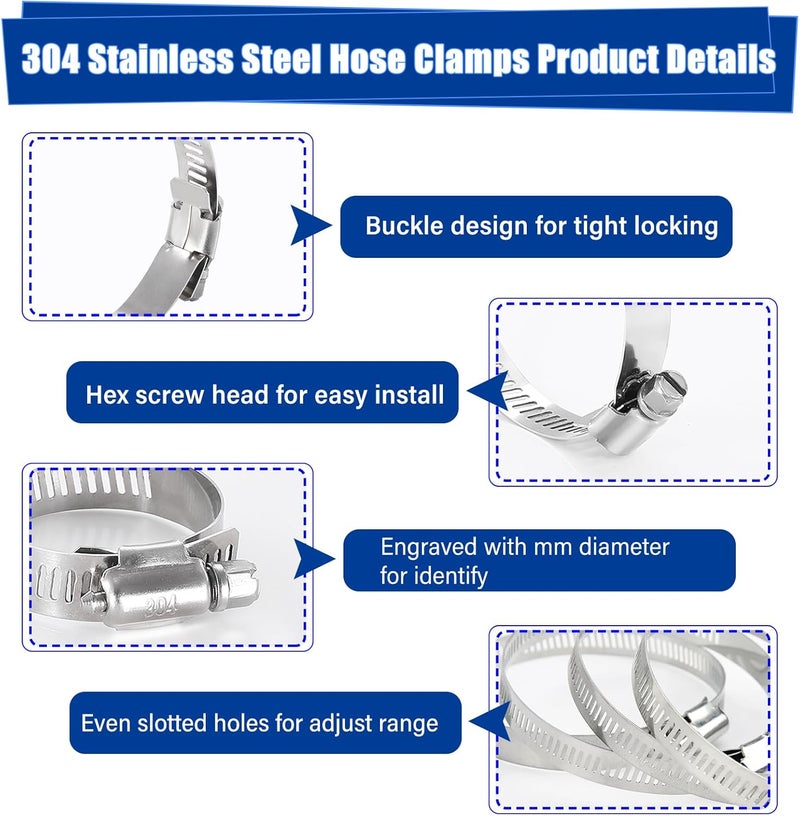 imsiboc 30PCS Stainless Steel Hose Clamps, 7/8'' - 1-1/2'' (21-38mm) Adjustable Worm Gear Metal Fuel Line Clamp for Plumbing, Mechanical and Automotive Hose Connections - Image 3